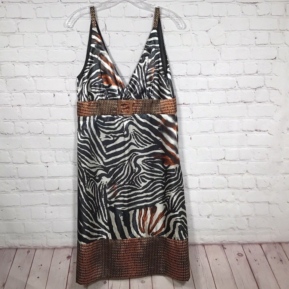 M. Kalan Satin Animal Print Dress Womans Large V Neck Zebra Black Cream Orange